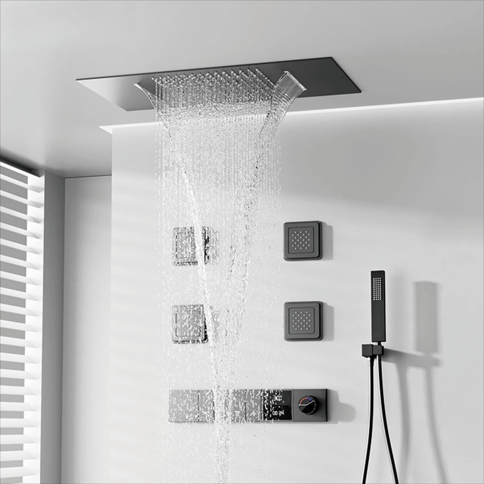 

Латунный пистолет, серая настенная потолочная душевая система, светодиодный цифровой дисплей, термостатический смеситель для душа с защитой от ожогов и спинкой