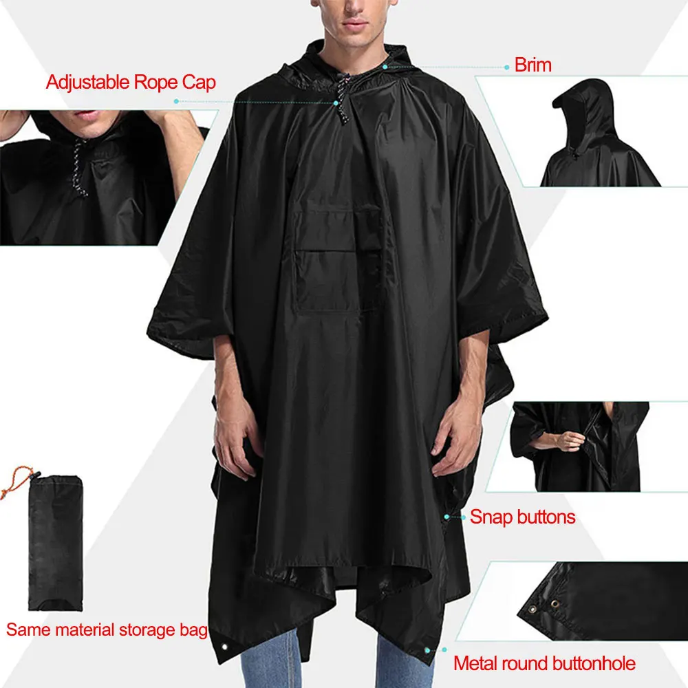 Hooded Raincoat Multi-Use Military Waterproof Ripstop Camouflage Rain coat Men Women Rain Poncho Awning Picnic Mat+Storage Bag