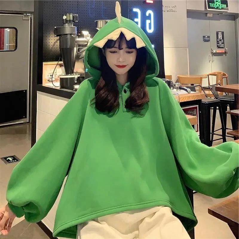 

Cartoon Dinosaur Hooded Sweatshirt Women's Design Sense Fleece-Lined Korean Style Loose Lazy Student Loose Pullover Sweatshirt