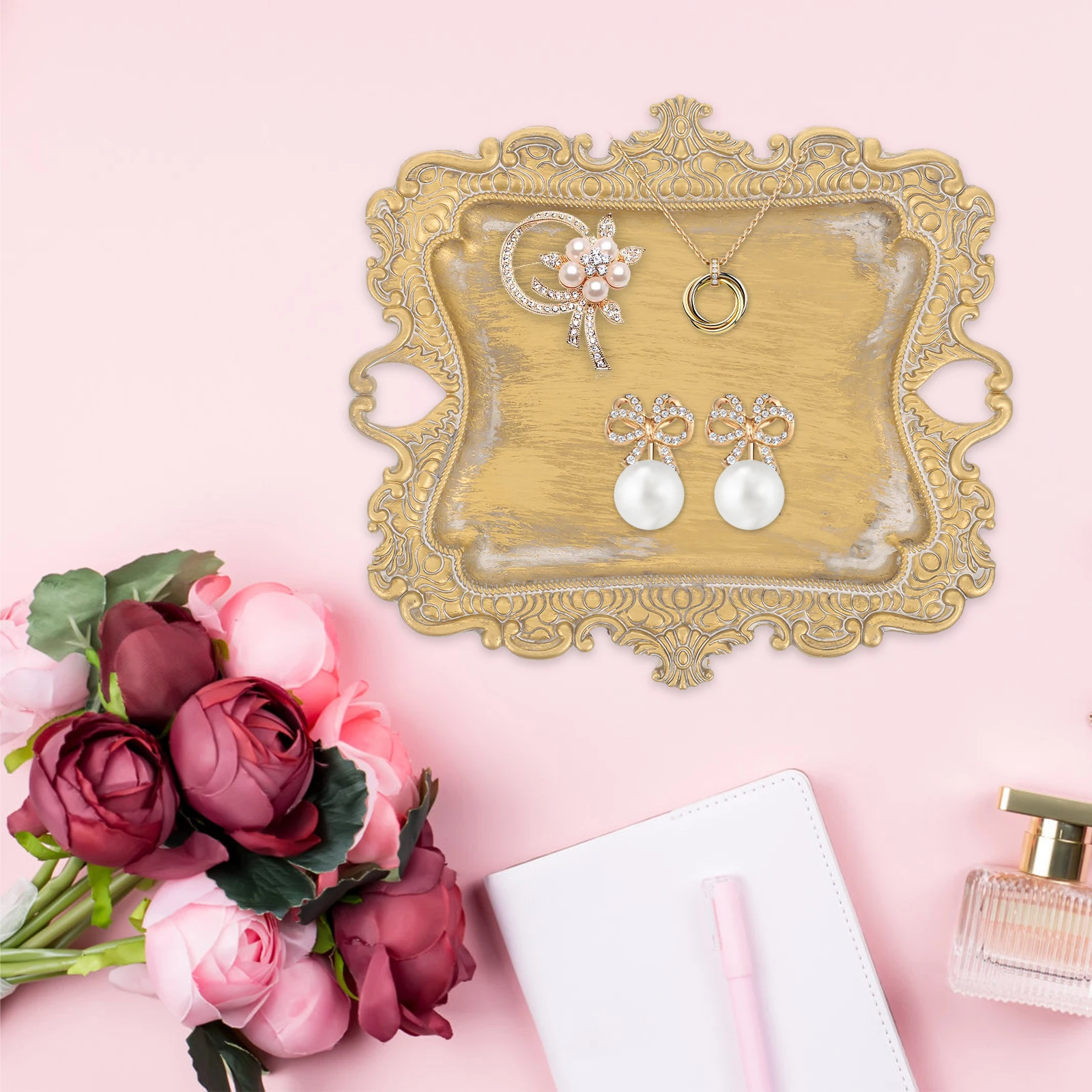 

Elegant Vintage Metal Jewelry Tray Organizer For Women Retro Trinket Dish Holder Storage Display Dresser Accessories Holder