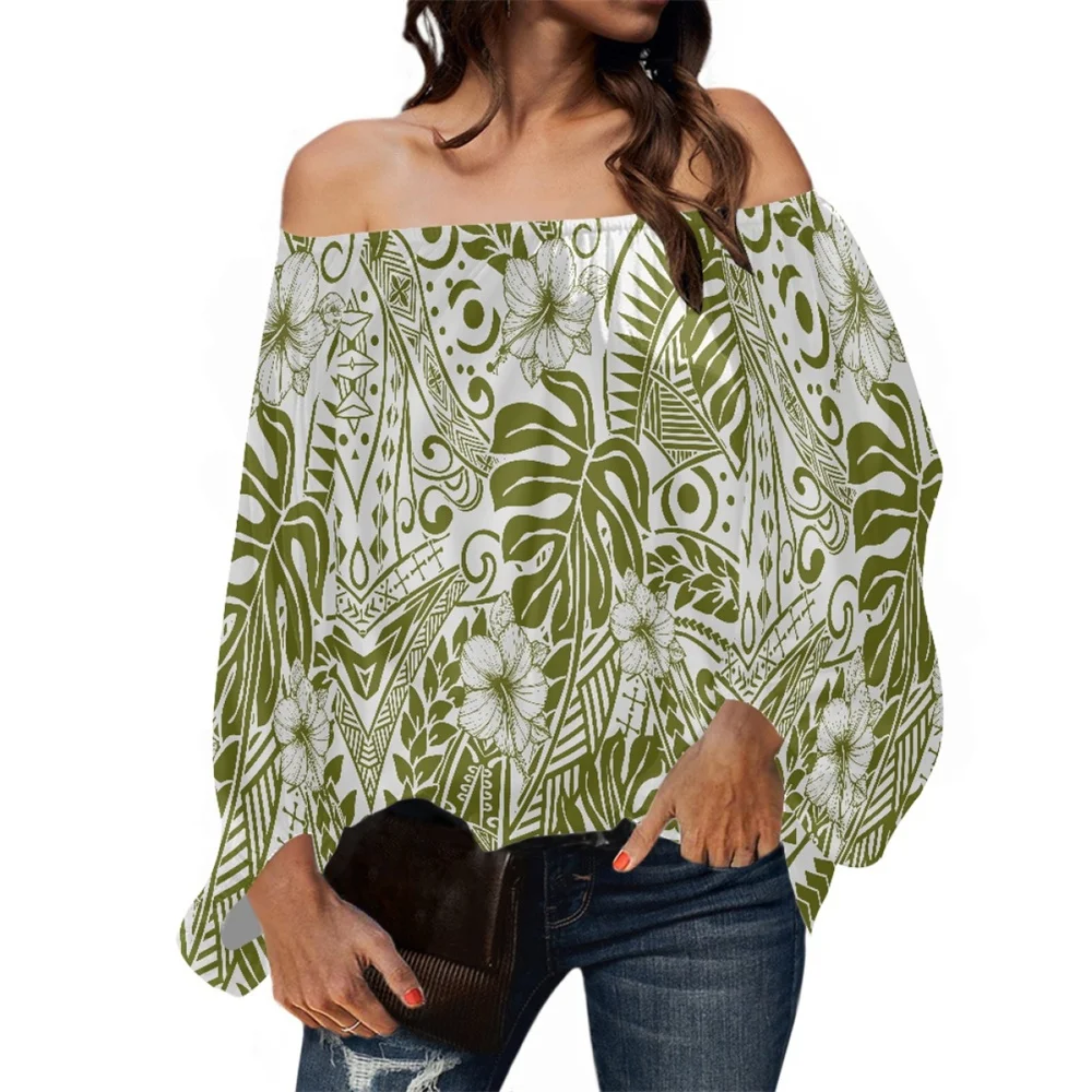 Fall Off Shoulder Shirt Pullover Polynesian Tribal Clothing Hawaii Green Tropical Plant Print Elegant Ladies Tops Chiffon Blouse