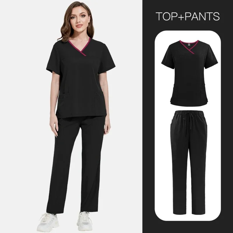 color-block-solid-color-lightweight-scrubs-set-for-men-women-short-sleeve-long-pants-uniform-for-doctors-nurses-beauty-salon