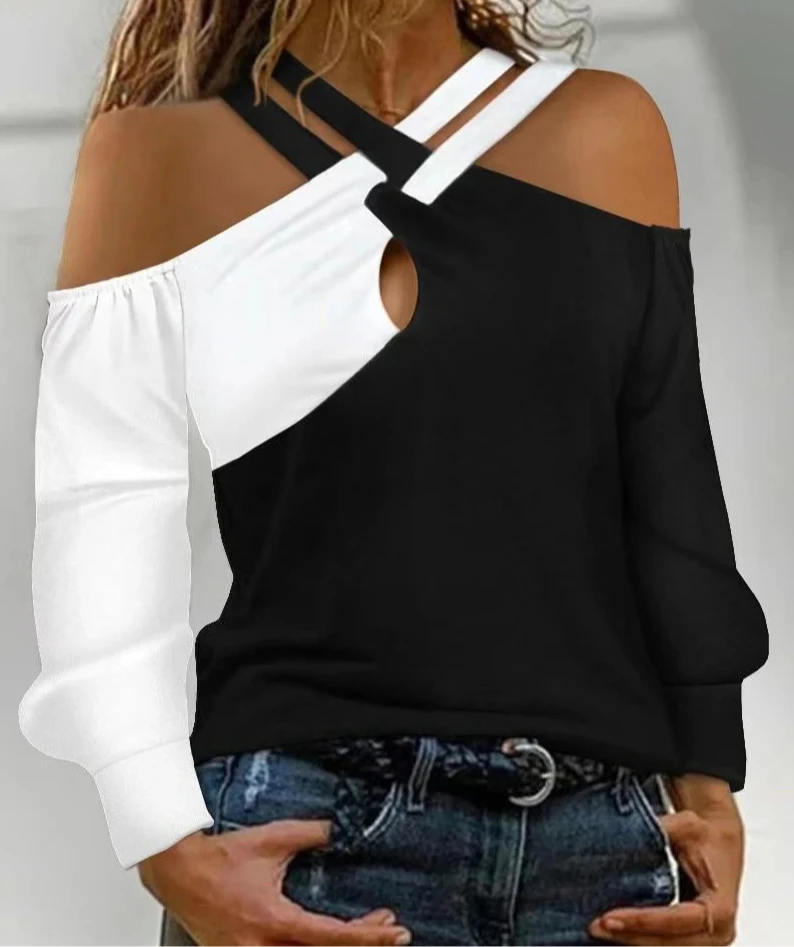 

Футболка с длинными рукавами, женская летняя новая уличная одежда, модный пуловер, повседневный топ с открытыми плечами и цветными блоками для женщин