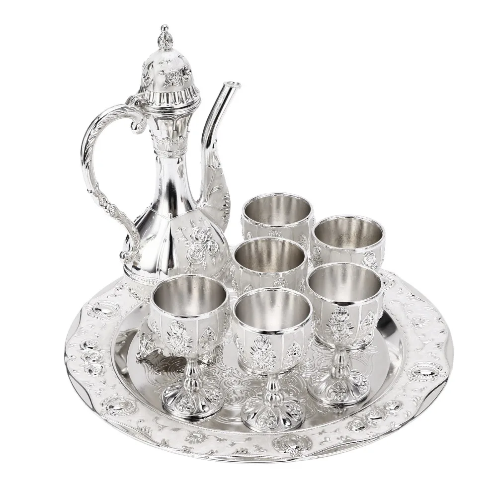 8pcs Silver White Wine Glasses Set Classic Design Embossed Floral Pattern European Wine Glasses Zinc Alloy Iron Tray