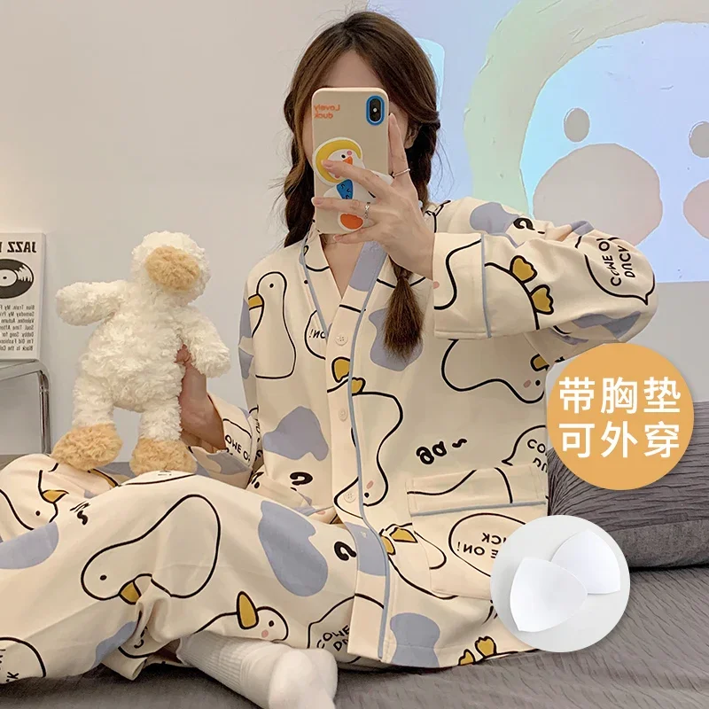 With Bra Pad M-3XL Women Cotton Pajama Spring Kimono Style Cardigan Sleepwear Korean Pijamas Plus Size Nightwear Long Pjs