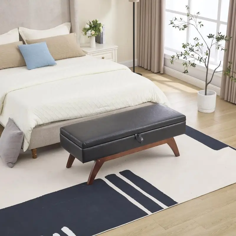 Teddy Wool Upholstered Bed End Stool with Solid Wood Feet & Storage Function