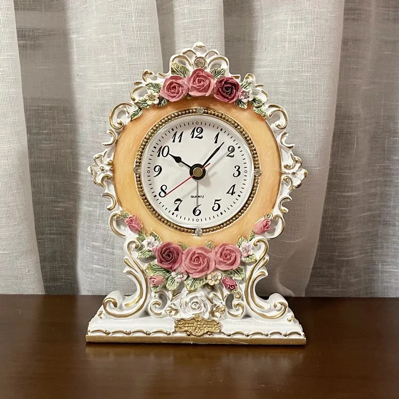 European Style Countryside Rose Desk Clock, Resin Creative Three-Dimensional Home Decoration Clock