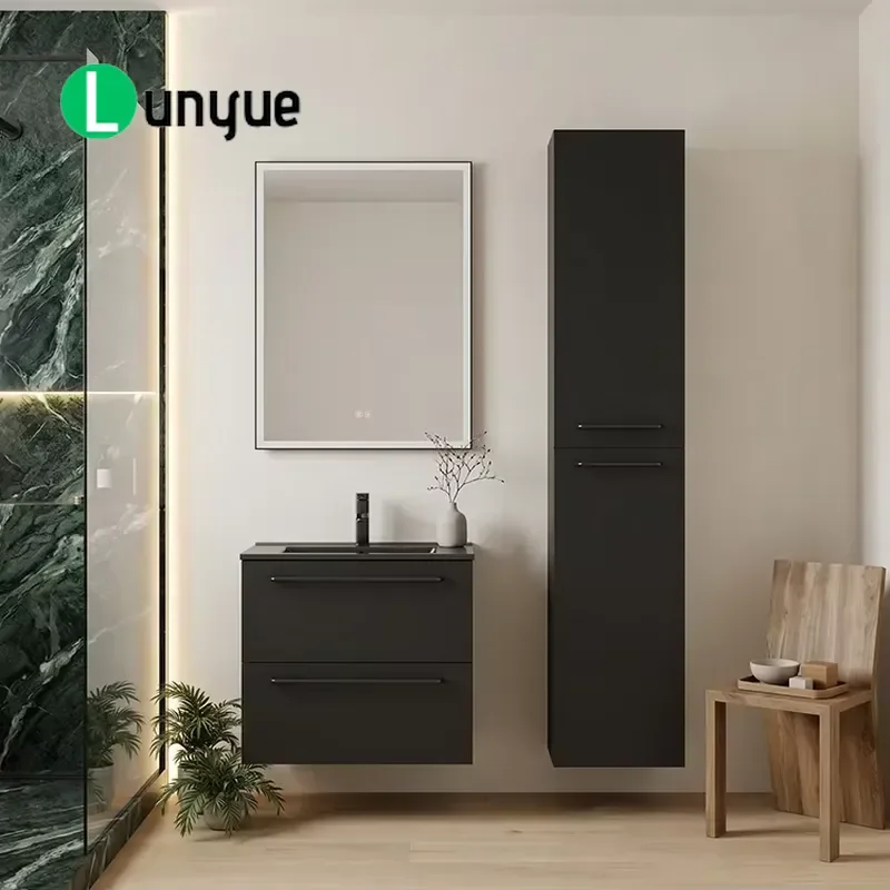 Modern Wall Mounted Bathroom Sink with Side Cabinets Luxury Embossed Wood Grain Vanity Set with LED Mirror for Home Decor