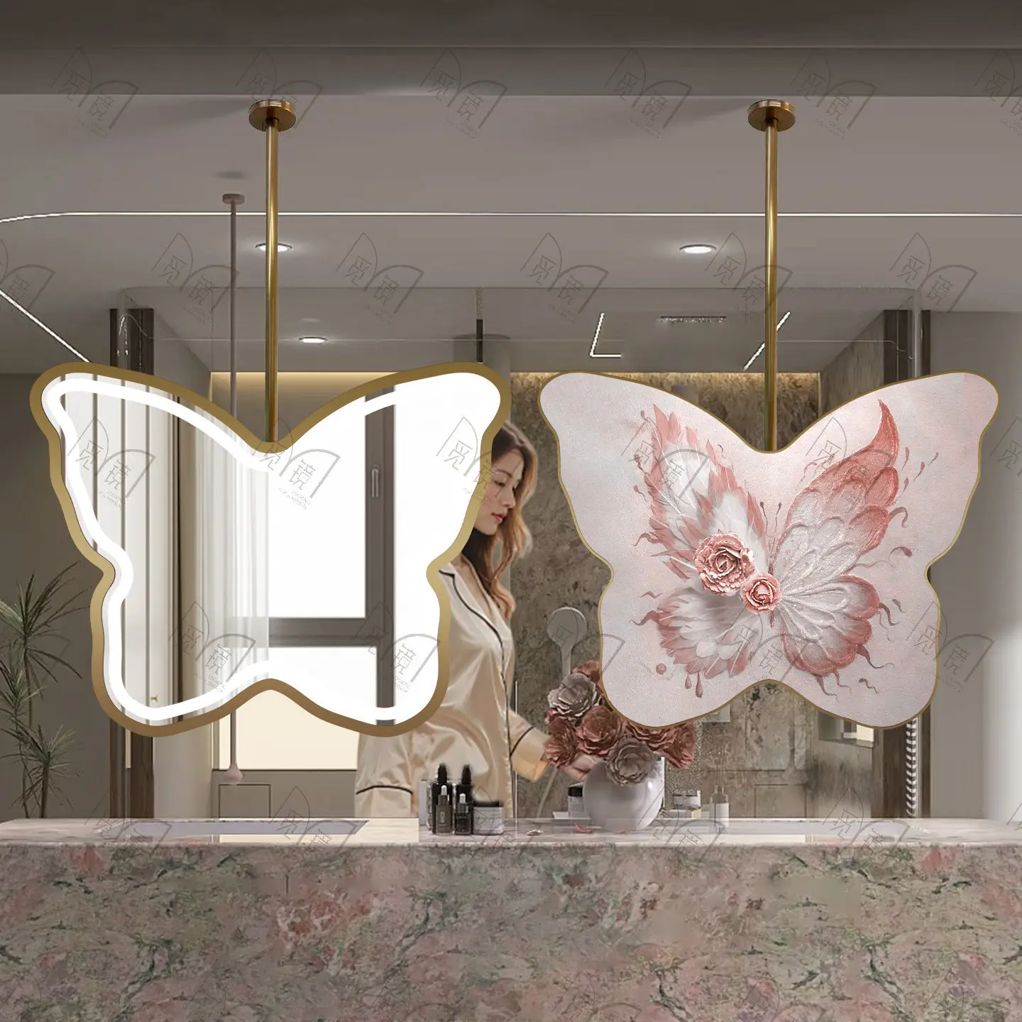 

Creative butterfly suspended mirror dresser partition makeup mirror washstand stainless steel suspended mirror smart bathroom mi