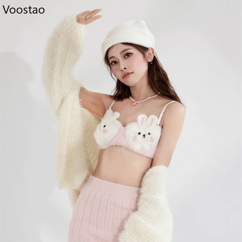 Autumn Winter Kawaii Lolita Bra and Panty Set Sexy Cute Plush Bunny Cartoon Underwear Women Sweet Bear Ears Lingerie Briefs Set