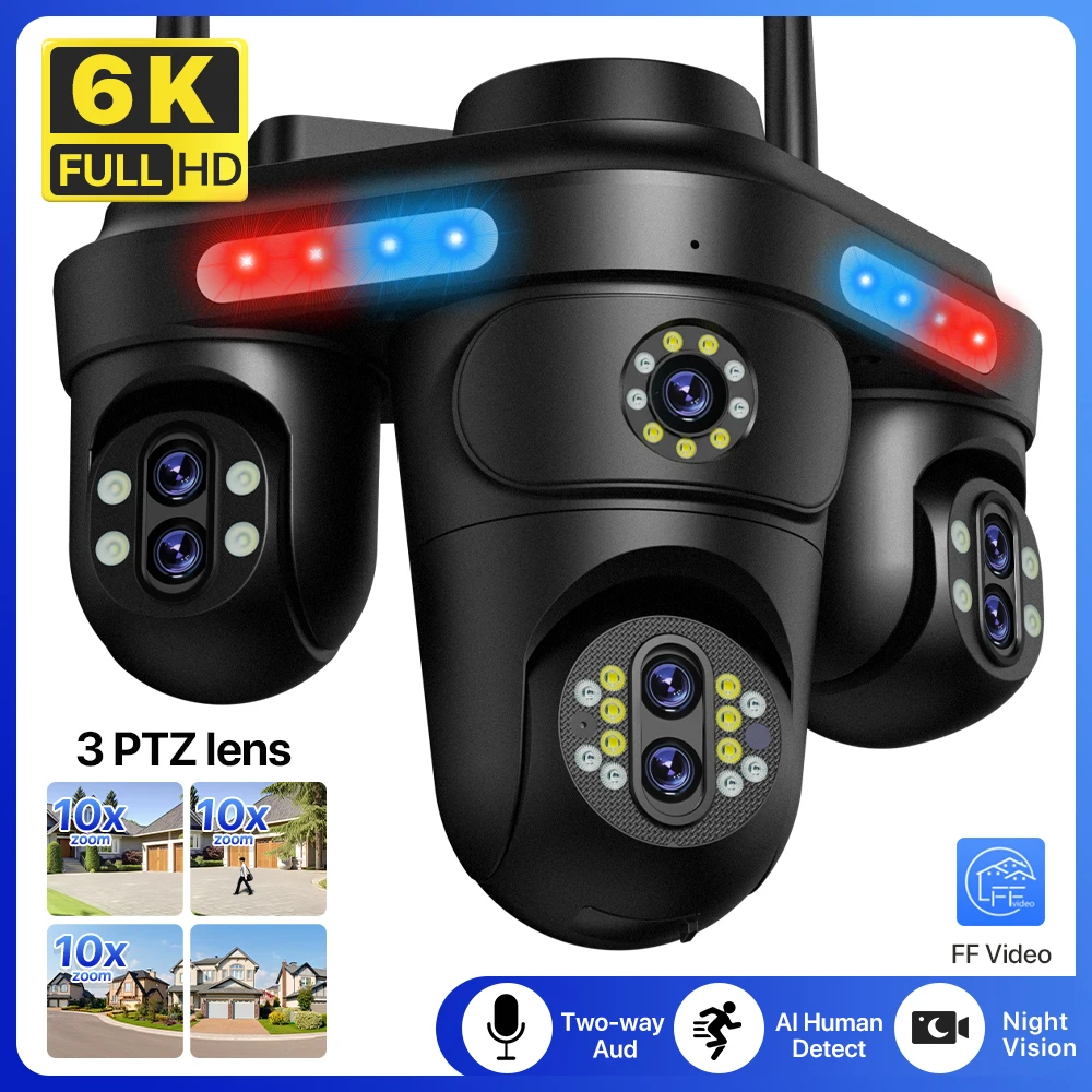 6K HD WiFi IP Camera 7 Lens 4 Screens Outdoor 10X Zoom Wireless PTZ Security Camera Human Detetion Video Surveillance FFVideo