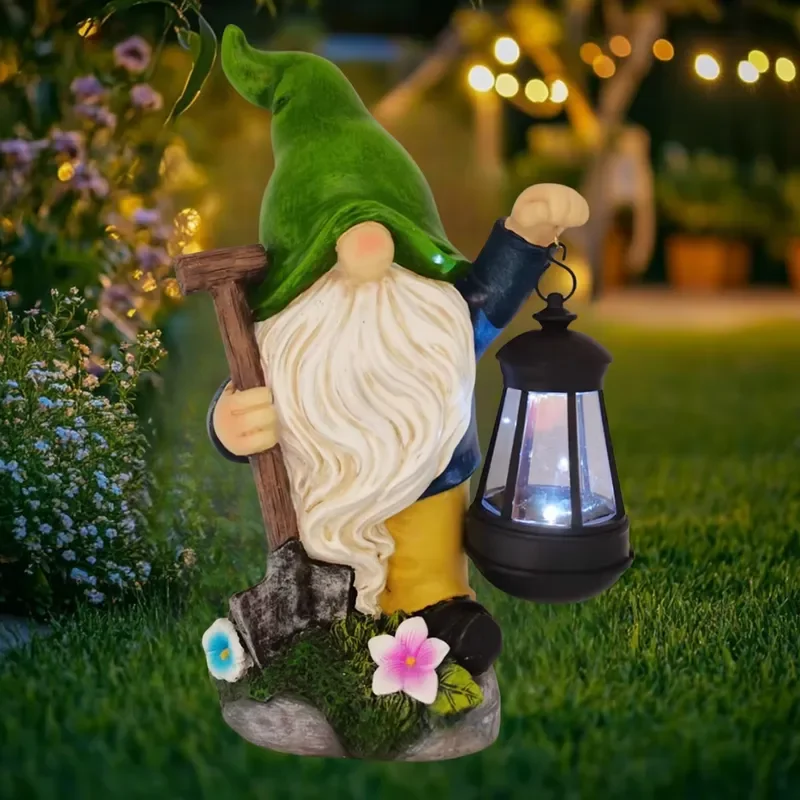 for Outdoor Garden Solar Statue Light Dwarf Decor Resin Gnome Lantern Shovel for Lawn Patio Yard Porch