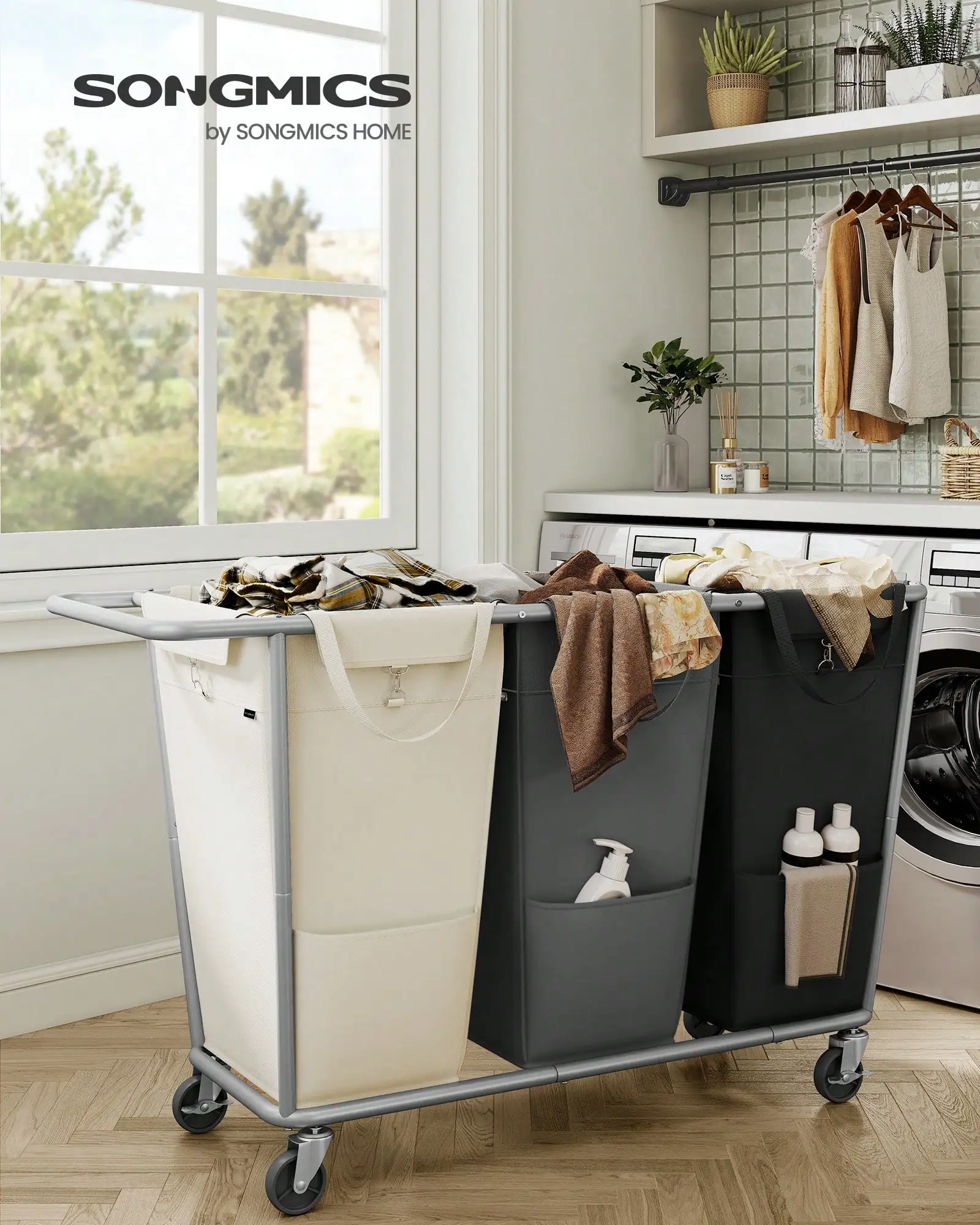 Laundry Basket With Wheels, 3-Section Laundry Sorter, 76.6 Gallons (290 L) Rolling Hamper With Removable Bags, Heavy-Duty Steel Frame