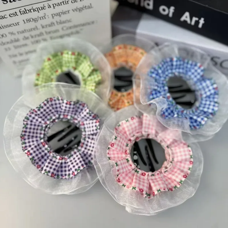 Fresh, oversized lace hair clip: a Korean-style, sweet blue-and-pink checked hairpin—the perfect accessory for up-dos