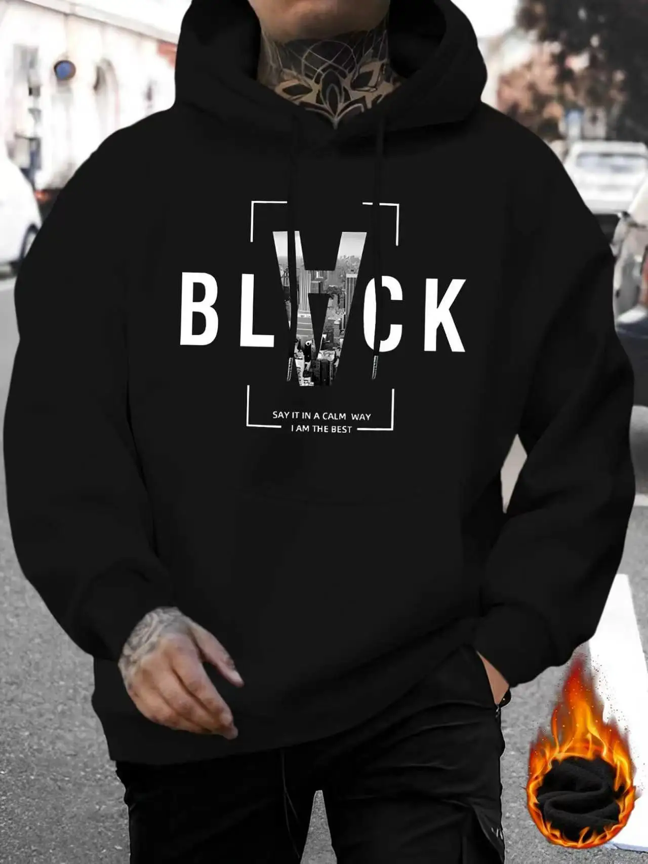 Man's Kangaroo Pocket with Modern Minimalist Print Design, Micro Elastic Fabric, Sports Shirt with Casual and Comfortable Hoodie