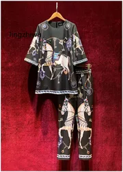 lingzhiwu Print Pants Set Elegant Fairy Vintage Beading Top Quality Designer Female Suit 2024 Spring Summer Twinset New Arrive