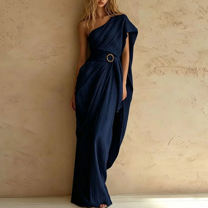 Women Crinkle Texture Solid One Shoulder Maxi Dress Draped Wrap Belted Waist With Ring Buckle Flowy Robe Summer Holiday Sundress - view 5