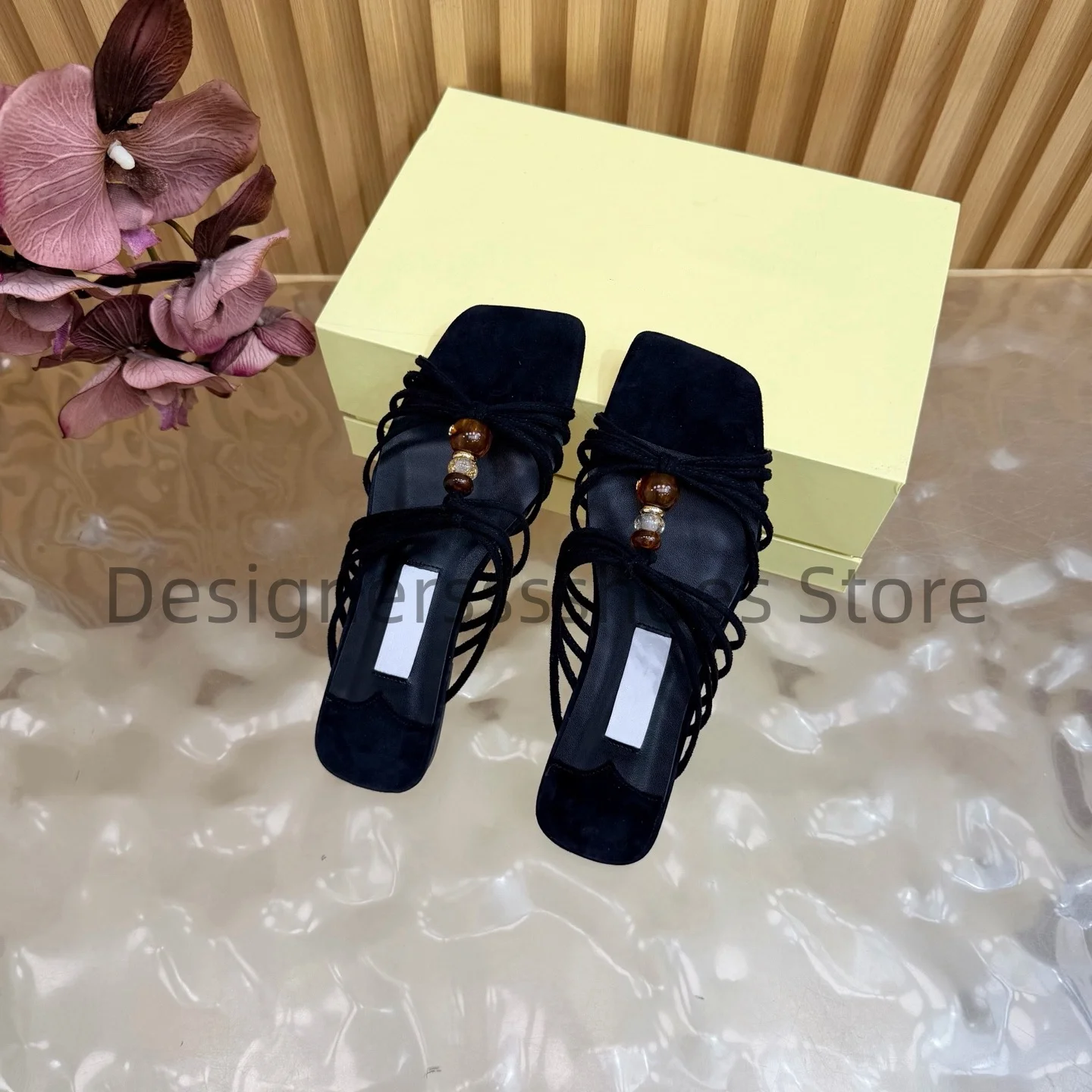 Evening Flat Sandals with Amber Buckle Suede Upper Sheepskin Lining Italian Leather Outsole Sizes 35-42