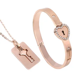 Heart Love Lock Bracelet Choker Set Jewelry Stainless Steel Key Pendant Necklace Women Men Wedding Couples Valentines Day Gift