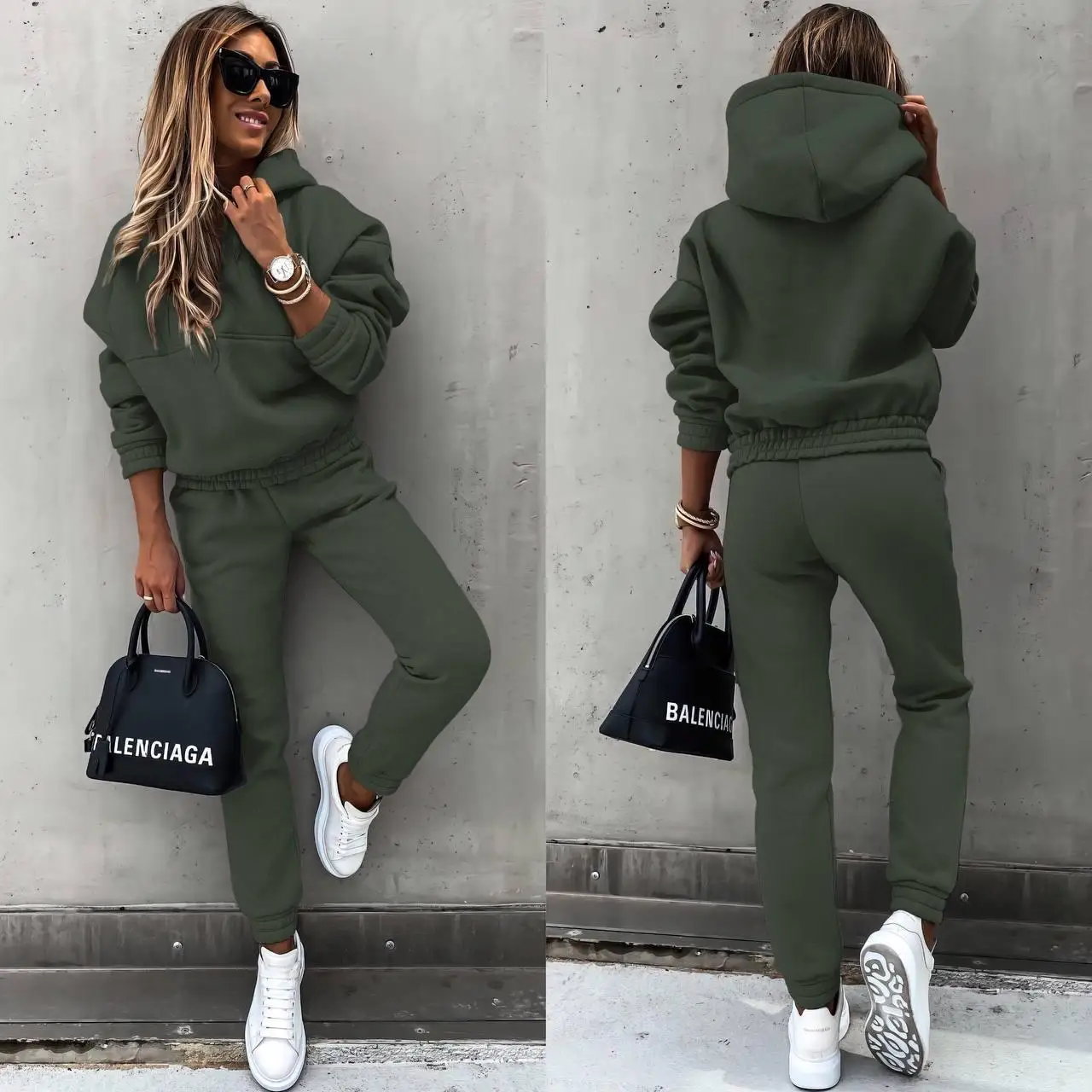 Hoodies Suit Autumn Winter Solid Casual Tracksuit Women Fleece 2 Pieces Set Sports Sweatshirts Pullover Jogger Sweatpants Outfit