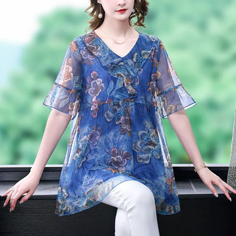 Summer New Thin Printing Chiffon Shirt Tops Short Sleeve O-Neck Loose Plus Size Floral Blouse Vintage Fashion Women Clothing