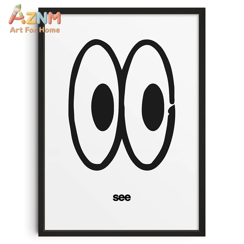 

AZNM Minimalist Cartoon Eyes "see" Canvas Wall Art Print, Frameless Single Panel Black & White Line Art Illustration, Playful Wi
