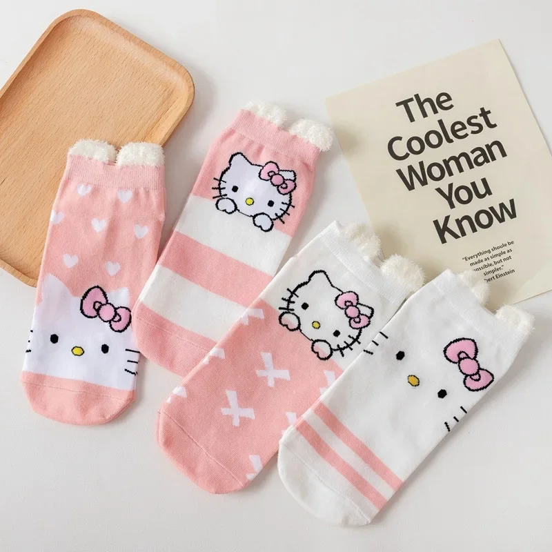 Sanrio HelloKitty Pink Socks Girl Cute Cartoon Short Harajuku Anime Print Kawaii Three-dimensional Ear Cotton Women\'s Boat Socks