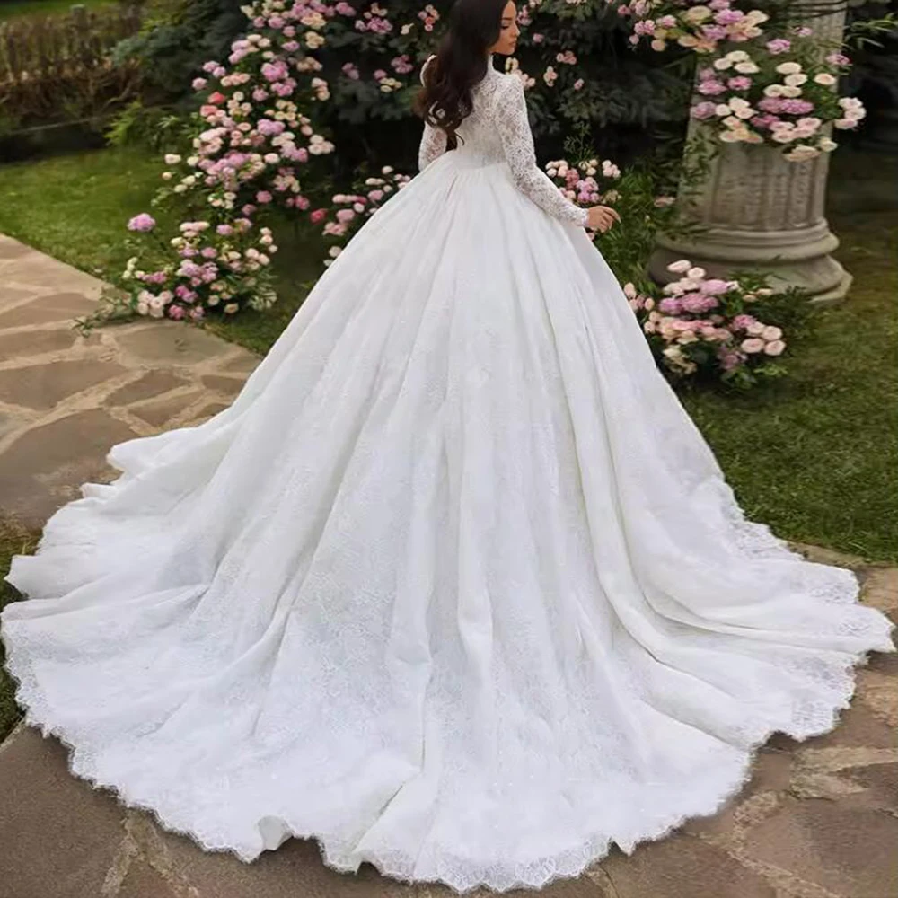 Przepiękne suknie ślubne z aplikacjami z koronki dla panny młodej, szyte na miarę, z wysokim dekoltem, długimi rękawami, suknia ślubna w stylu saudyjskim, Robe De Mariee