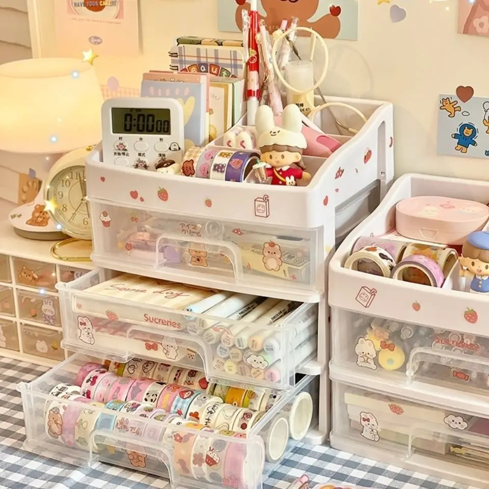 Desktop Cosmetic Storage Box Organizer Drawer Office Storage Rack Stationery Desk Pen Holder Bunny Drawer Organizer Kawaii Cute