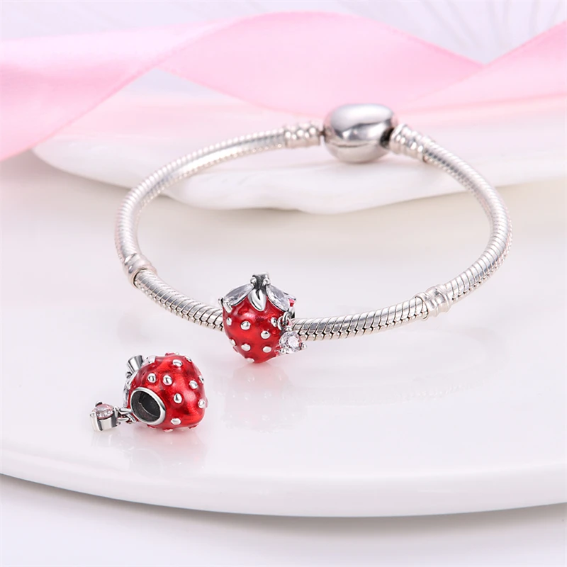 100% 925 Sterling Silver Fashion Coffee Donut Strawberry Afternoon Tea Charms Bead Fit Pandora 925 Oryginalna bransoletka DIY Biżuteria