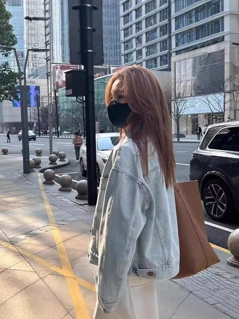 봄과 가을 여성용 얇은 한국 스타일 루즈핏 짧은 긴팔 재킷 유럽풍 워싱 코튼 레트로 데님 재킷