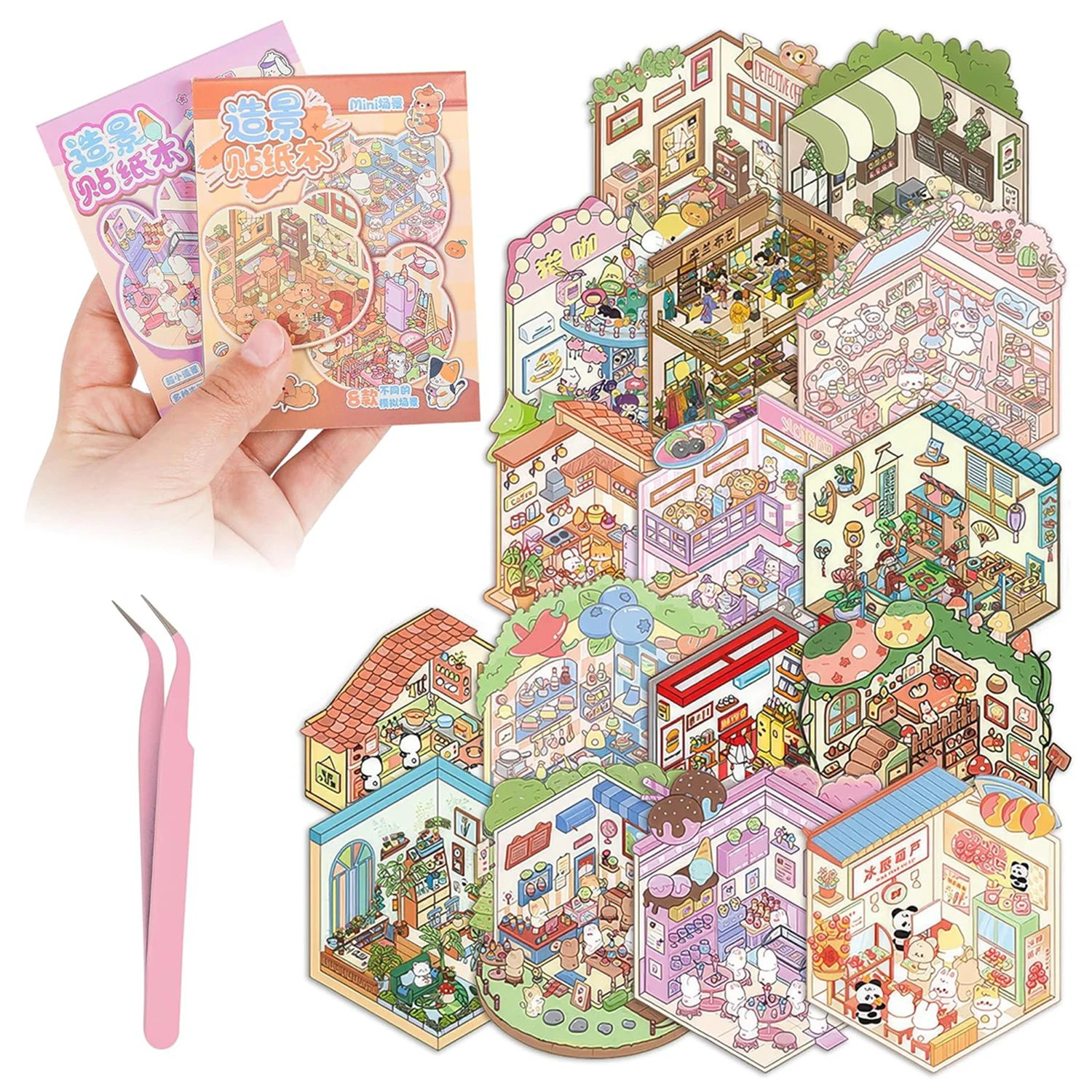 Pocket DIY 3D Sticker Scene Collection Book DIY 3D House Stickers Therapy Cute Cartoon Mini Stickers Scenes for Relief Stress