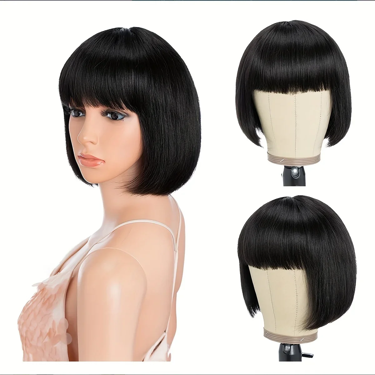 Женский короткий прямой парик боб с челкой - синтетический парик плотности 180%, дышащая сетчатая шапочка из розы, натуральный полный вид
