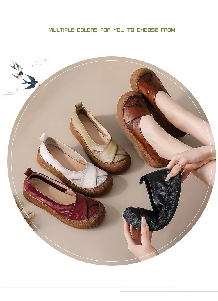 Neue Echtleder-Ballerinas für Damen, V-Ausschnitt Slip-On Schuhe, Retro-Kreuzfalt-Mokassins mit Prägungsmuster für Damen – Detail 4