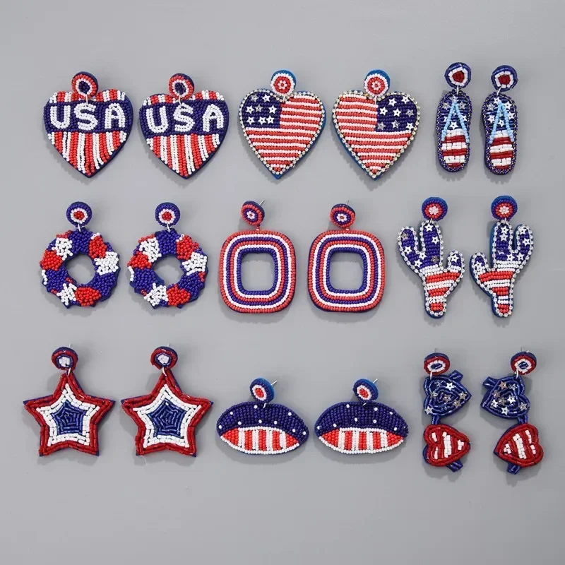 Beaded earrings Independence Day Flag Design Versatile Hand knitting Fabric art Bohemia Alloy Tide Female Rice bead earrings