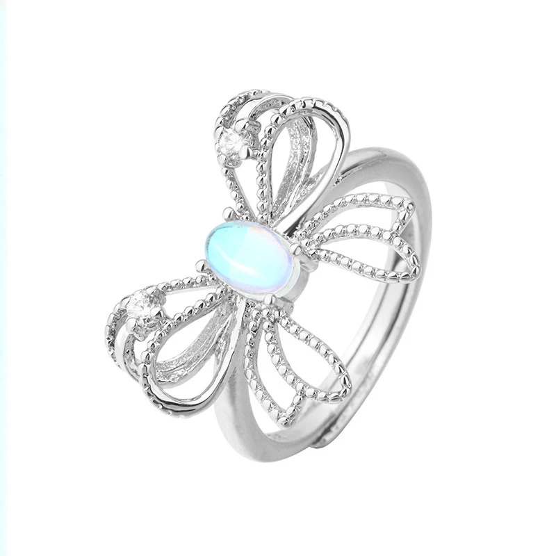 Foxanry Moonstone Bowknot Geometric Rings For Women Girls Trendy Sweet Elegant Creative Gentle Engagement Jewelry Accessories