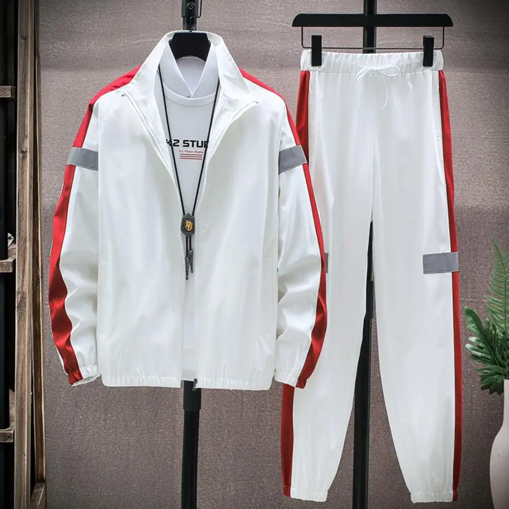 Elastic Waistband Trousers Set Men's Patchwork Color Sportswear Set with Stand Collar Jacket Elastic Waistband Sweatpants