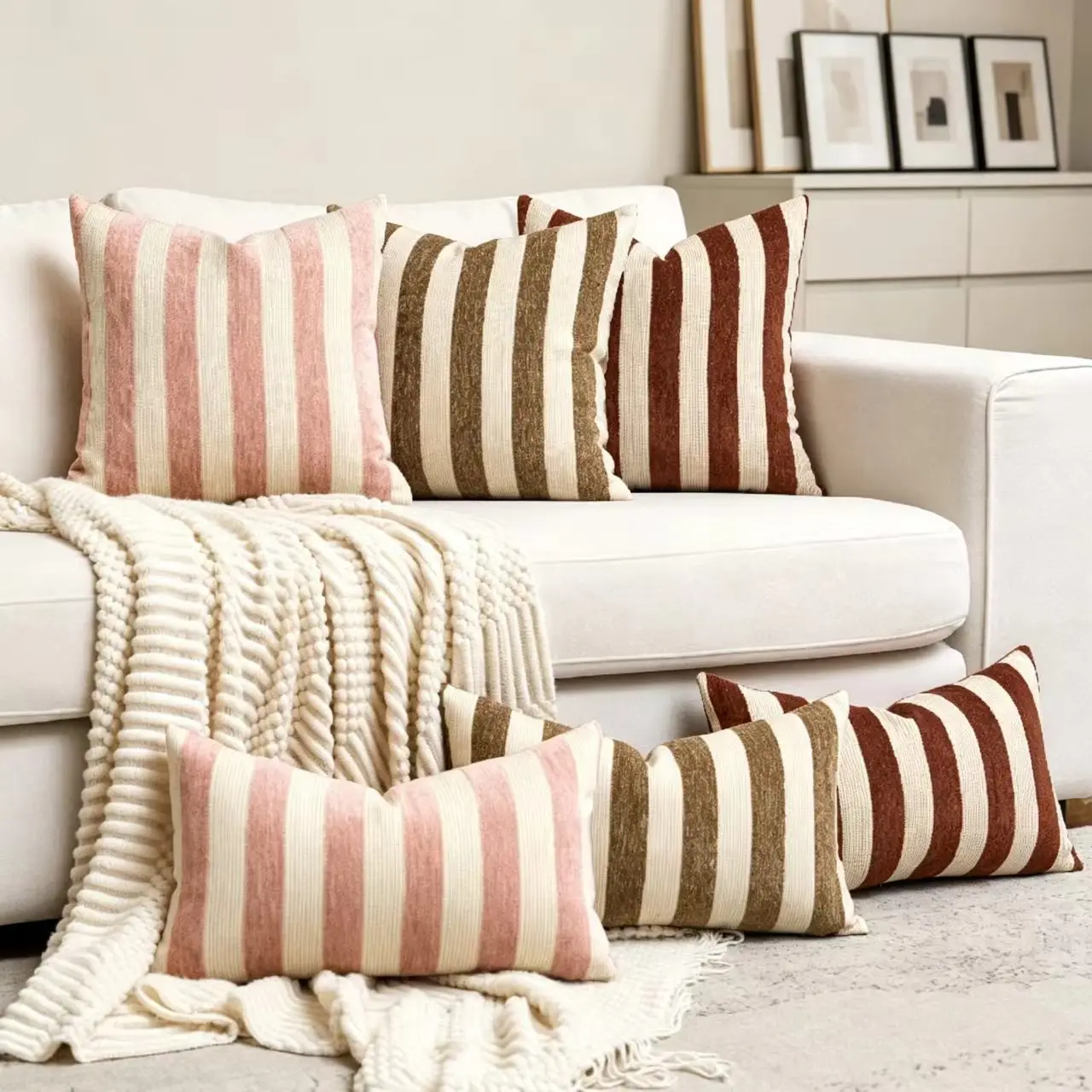3pcs set Vertical Stripe Textured Pillow Covers 2 Square Throw & 1 Lumbar Waist Cushion Cover Boho Sofa Home Decor Pillowcase