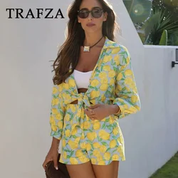 TRAFZA 2024 Spring Summer Casual Print Women Suits Fashion Streetwear Turn-down Collar Half Sleeve Shirts+Chic Mini Short Pants