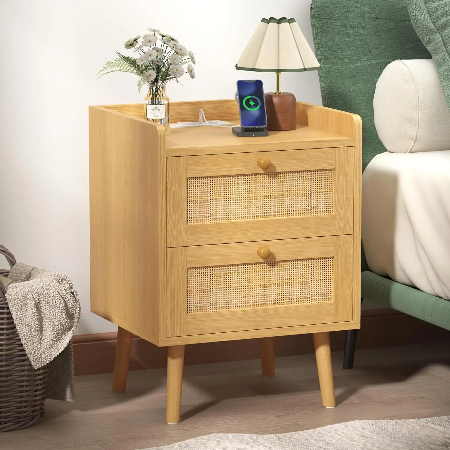 Rattan Nightstand with Charging Station, Wooden Bedside Table Solid Wood Legs, Night Stand with Drawers, End Table for Bedroom L