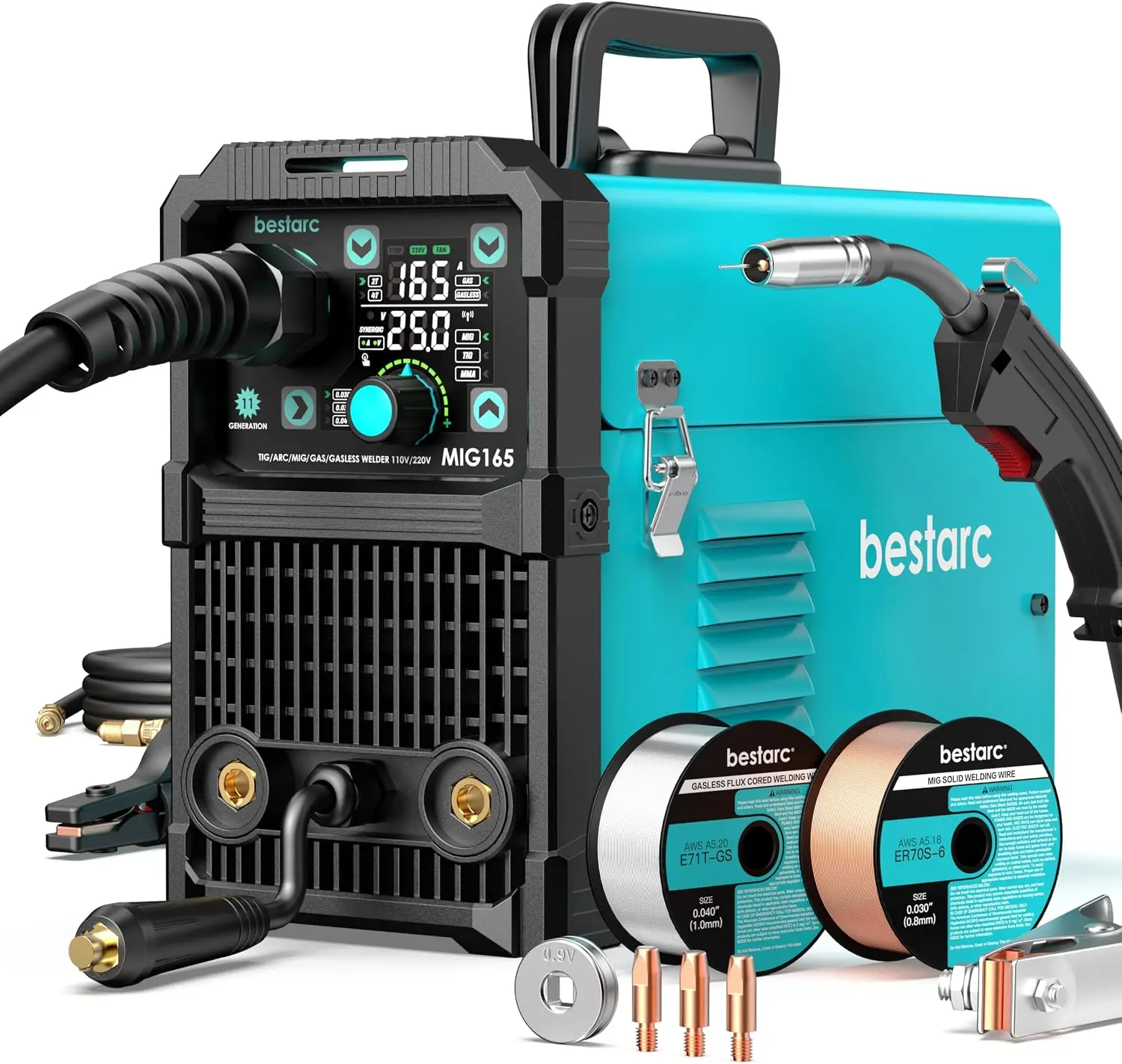 165A MIG Welder, 110/220V, Multi-Process Flux Core/Gas MIG, Stick, and Lift TIG Welding