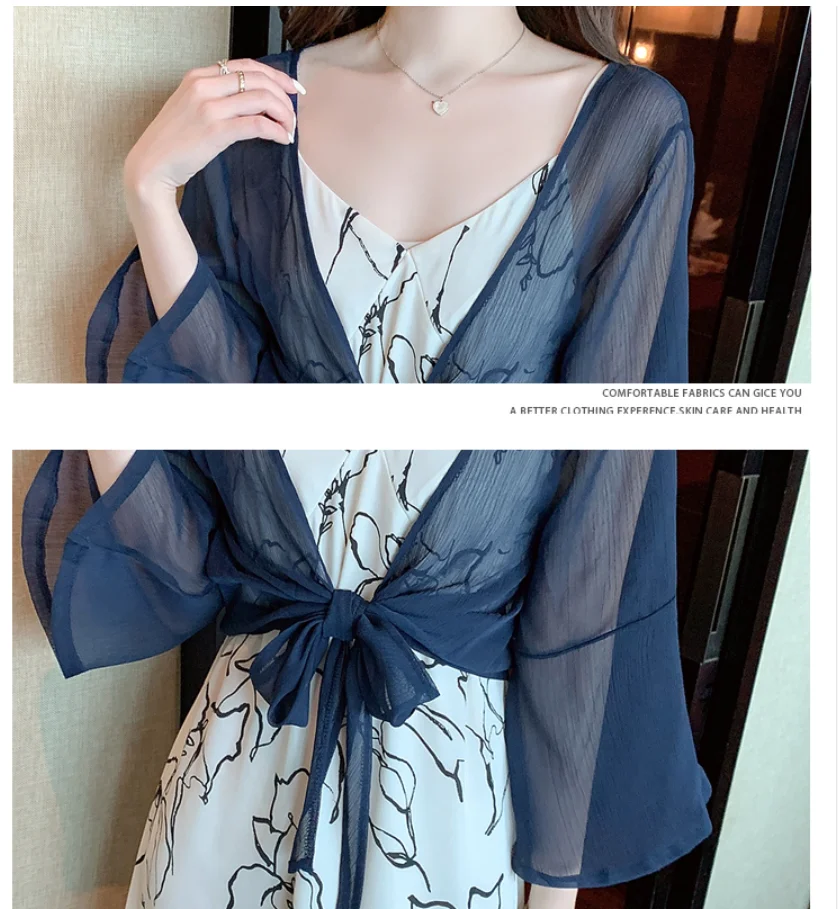 Women's Tie-Front Thin Sheer White Red Navy Blue Chiffon Shirts Elegant Ladies Flare-Sleeve Shrug Top Summer Boho Short Cardigan