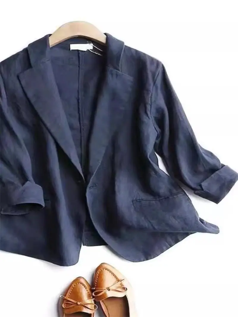 Giacca da abito da donna moda estiva 2025: blazer corto in lino di cotone traspirante e top con maniche a 4/5 - Abbigliamento da ufficio minimalista G674