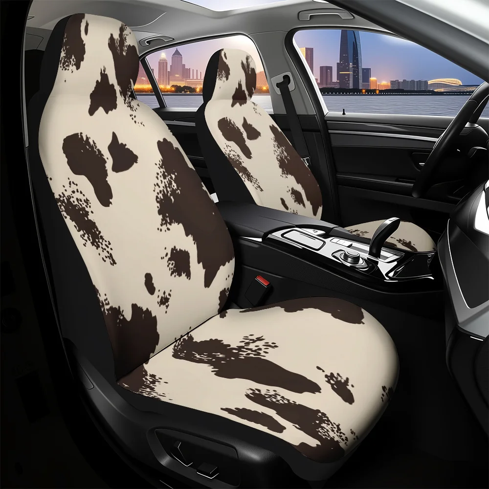 2pcs, Elegant Cow Spots Animal Brown Print Front Seat Covers, Great Present For Friends With Cars, Quick To Remove And Wash For