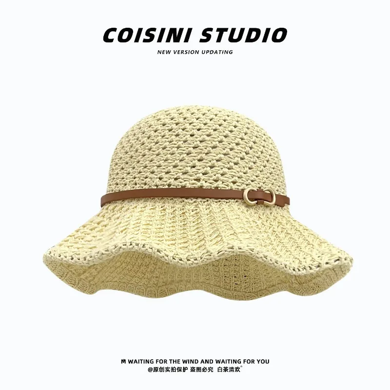 New French Openwork Leather Buckle Design Straw Bucket Hat Women's Summer Vacation Sunshade Wide Brim Foldable Sun Caps
