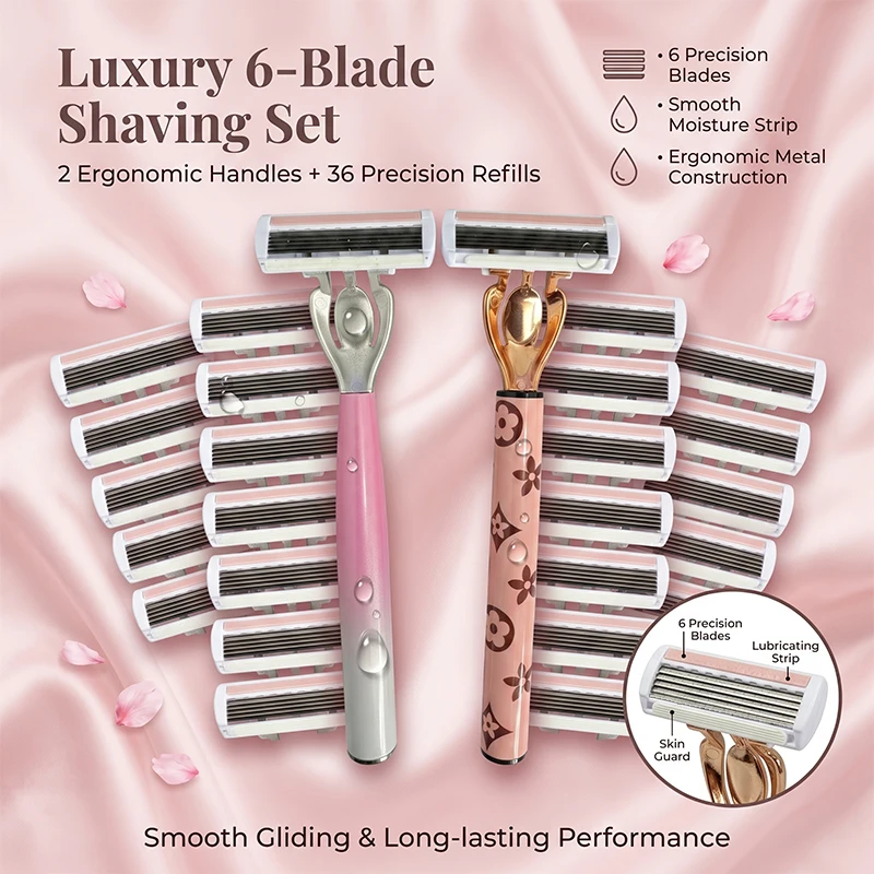 

[Women's Shaving Set] 2 high-end pink patterned handle handles, including 36 replacement blades, 6-layer blade design,