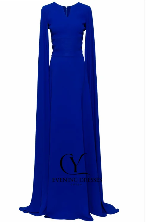 فساتين سهرة من CUYUN باللون الأزرق الملكي بأكمام كيب على شكل حرف v للنساء فساتين مناسبات رسمية مخصصة على شكل حرف A فستان زفاف للضيوف فستان حفلات