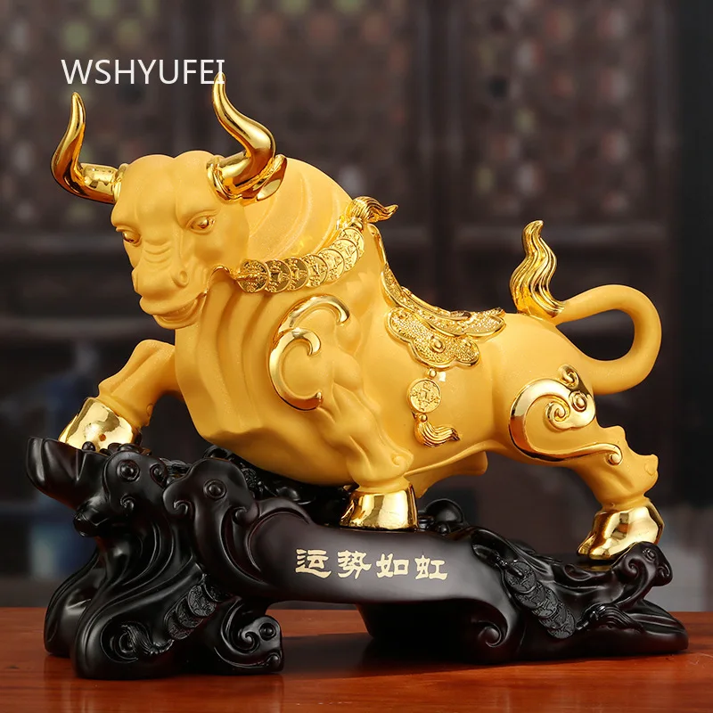 Golden Bull Resin Crafts Living Room Cow Ornament Matte Gold Mascot Decoration Chinese Style Foyer Home Decoration Give A Gift