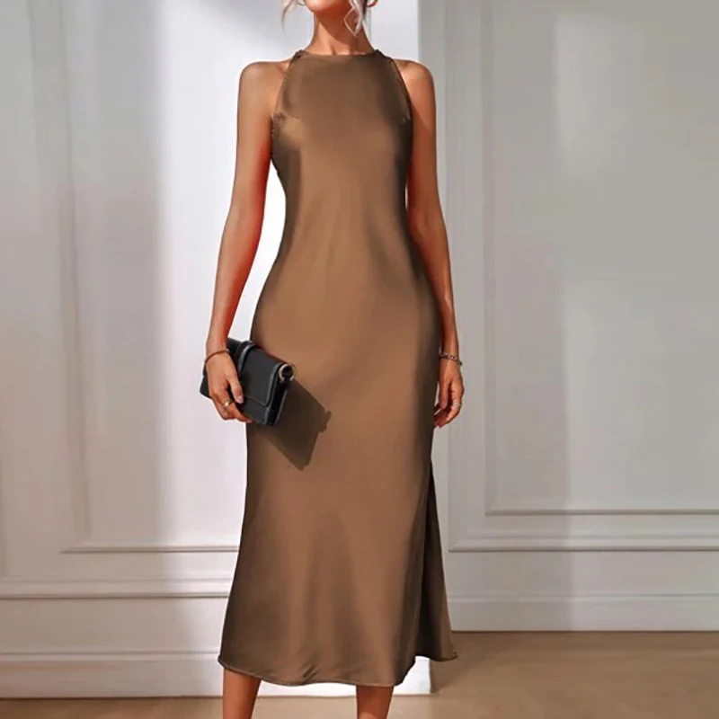 Elegant Sleeveless Satin Dress Women Fashion O Neck Side Slit Long Dresses For Women Summer Party Silk Dress