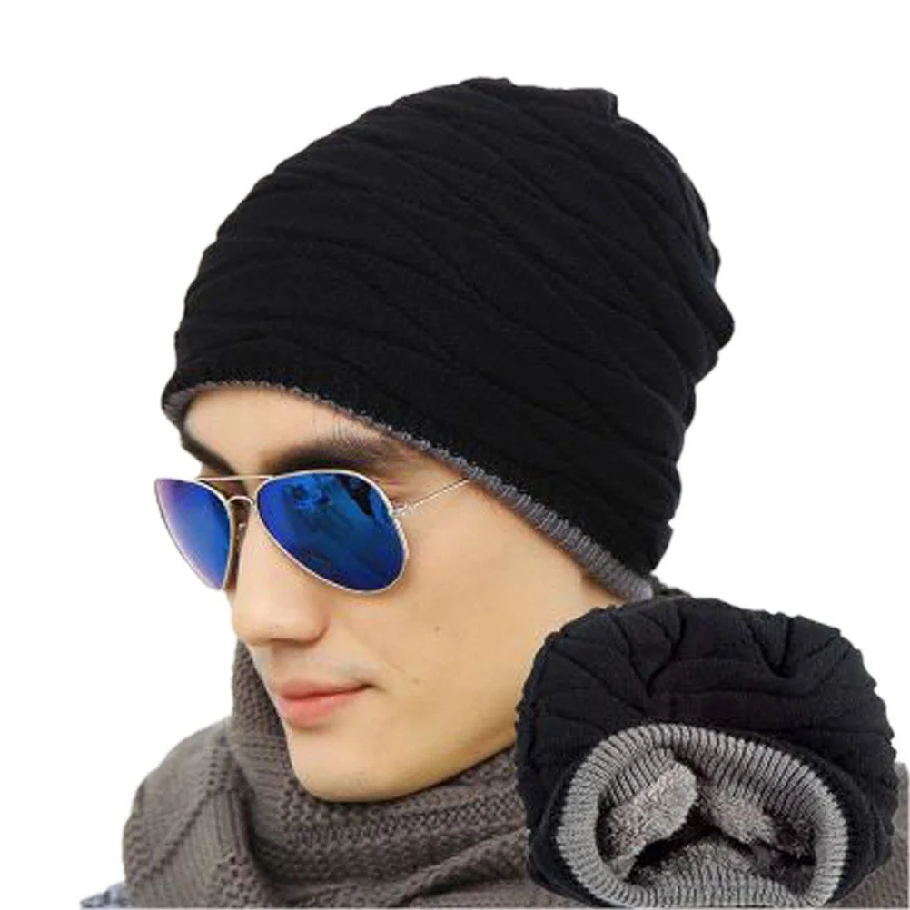 Warm Knit Skull Cap Men's Lined Thick Hat Wollen Navy Black Fashion Winter Accessory Men's Cap Winter Beanies